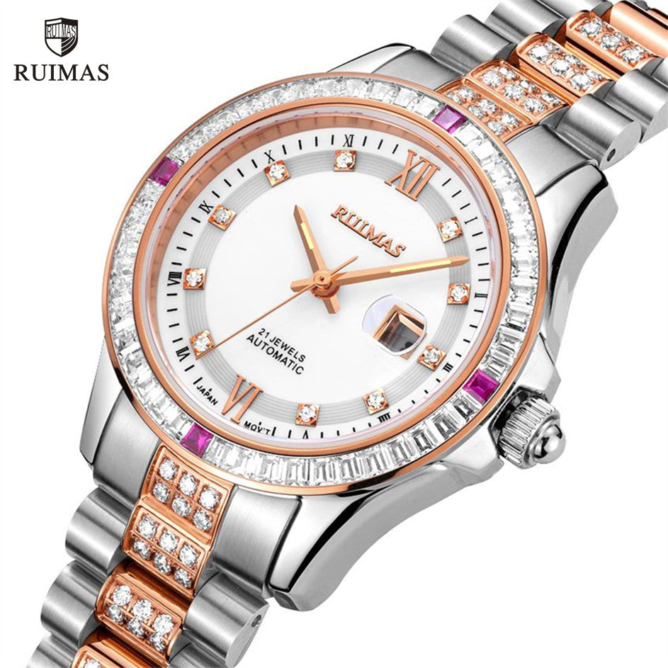 Montre mécanique pour femme RUIMAS avec verre saphir – Luxe, bracelet en acier, style élégant, mouvement automatique – Modèle 6740