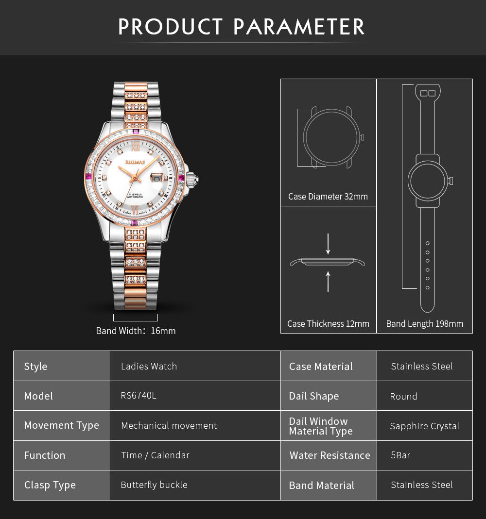 Montre mécanique pour femme RUIMAS avec verre saphir – Luxe, bracelet en acier, style élégant, mouvement automatique – Modèle 6740