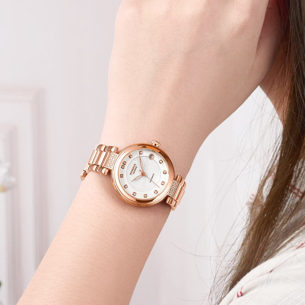 Montre mécanique automatique pour femme RUIMAS – Bracelet en acier, style business et élégant, étanche avec affichage de la date (modèle 6756)