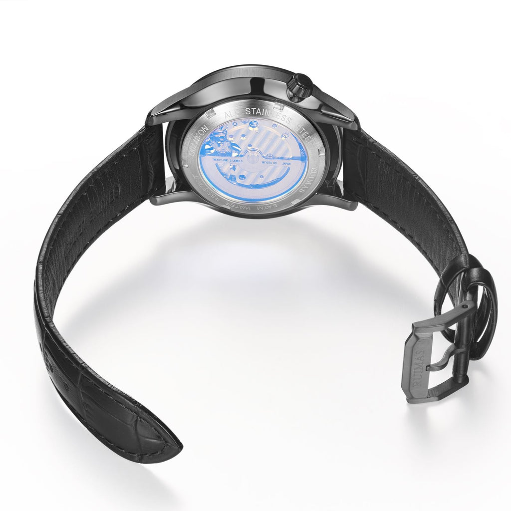 Montre-bracelet mécanique pour homme RUIMAS – Style décontracté et tendance, bracelet en cuir, modèle sport de luxe avec chronographe et fonctions lumineuses