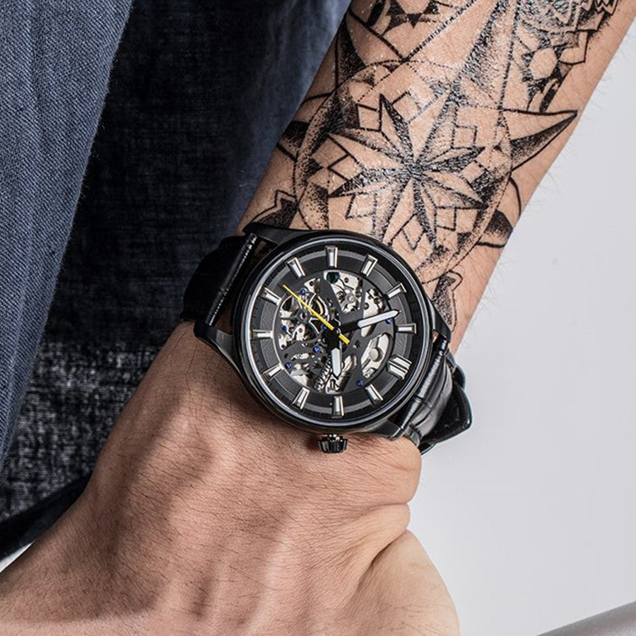 Montre-bracelet mécanique pour homme RUIMAS – Style décontracté et tendance, bracelet en cuir, modèle sport de luxe avec chronographe et fonctions lumineuses