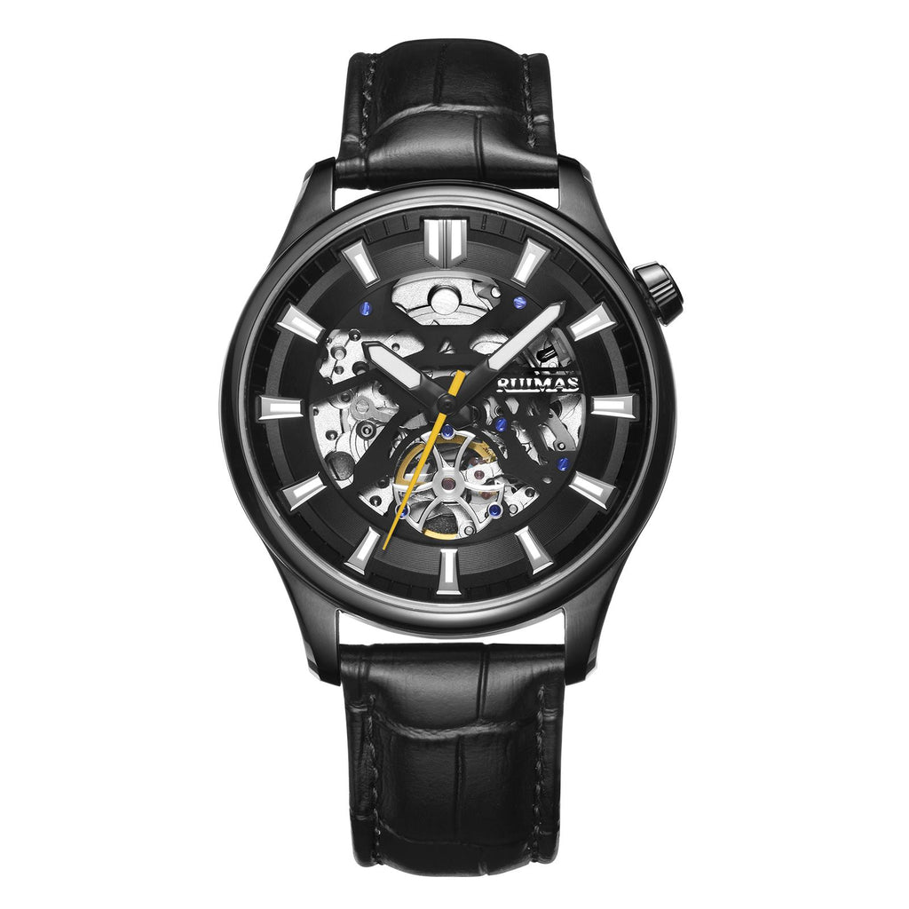 Montre-bracelet mécanique pour homme RUIMAS – Style décontracté et tendance, bracelet en cuir, modèle sport de luxe avec chronographe et fonctions lumineuses
