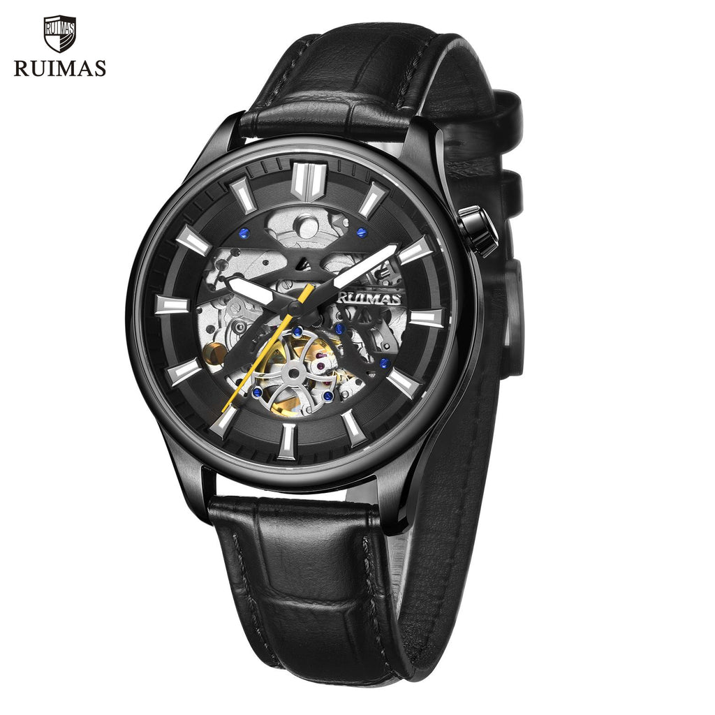 Montre-bracelet mécanique pour homme RUIMAS – Style décontracté et tendance, bracelet en cuir, modèle sport de luxe avec chronographe et fonctions lumineuses