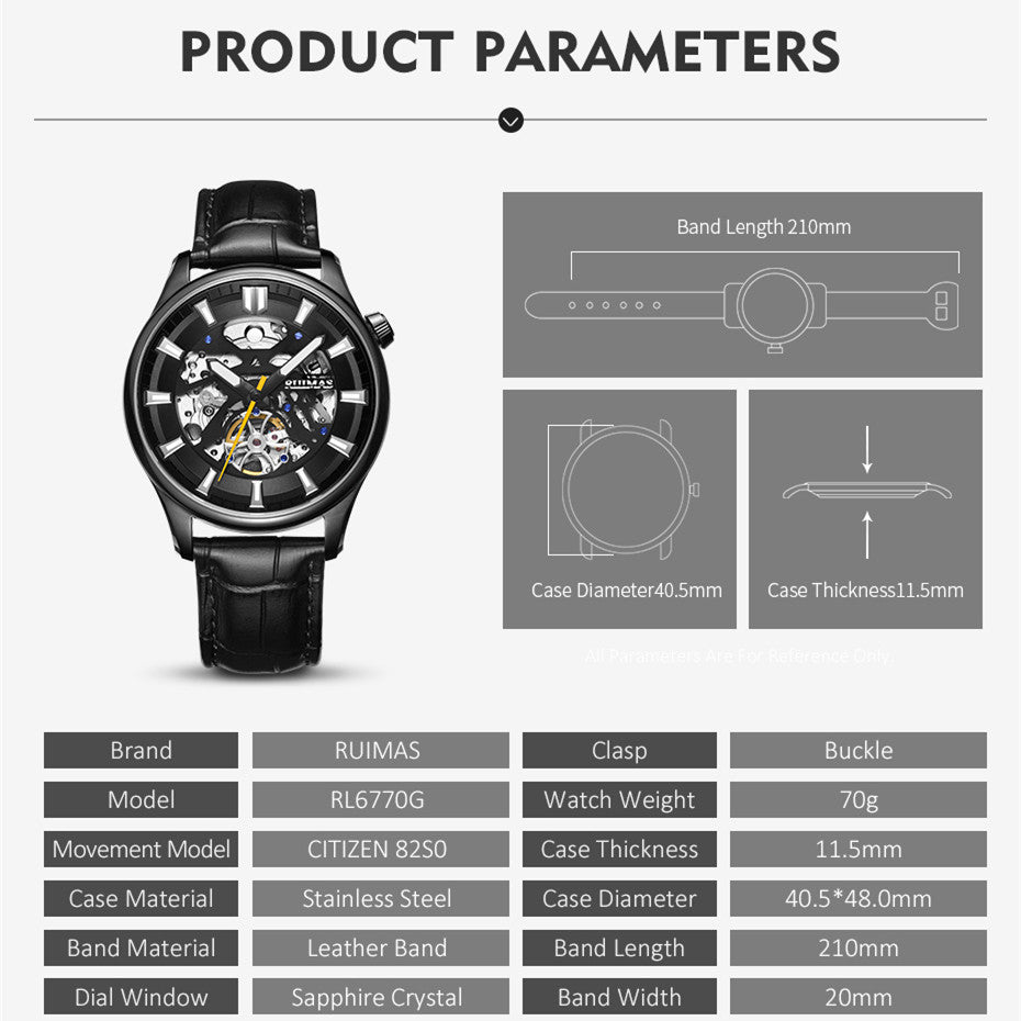 Montre-bracelet mécanique pour homme RUIMAS – Style décontracté et tendance, bracelet en cuir, modèle sport de luxe avec chronographe et fonctions lumineuses