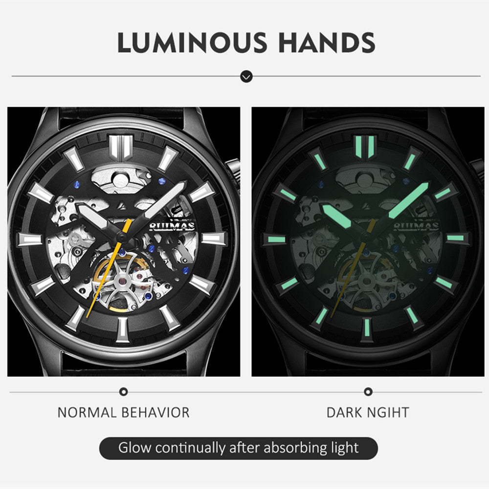 Montre-bracelet mécanique pour homme RUIMAS – Style décontracté et tendance, bracelet en cuir, modèle sport de luxe avec chronographe et fonctions lumineuses