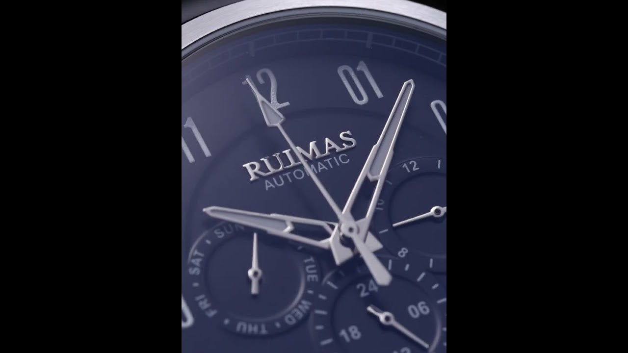 Montre RUIMAS pour homme – Style sport-chic de luxe, mouvement mécanique automatique, bracelet en cuir, aiguilles luminescentes, chronographe (modèle 6785)