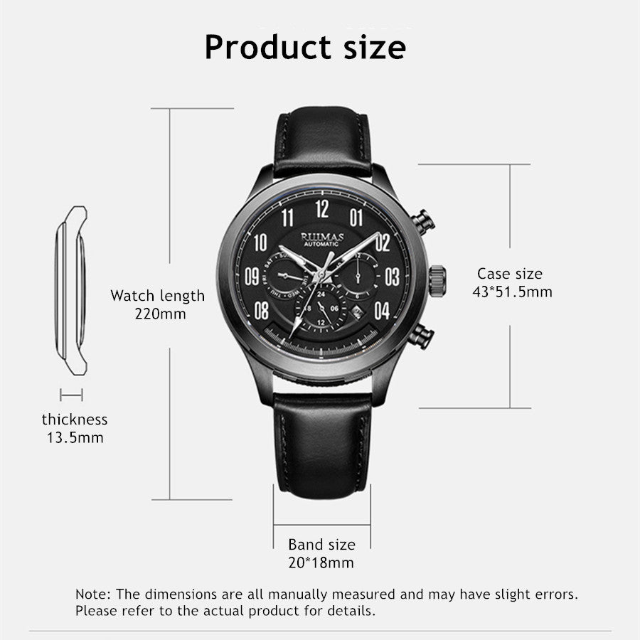Montre RUIMAS pour homme – Style sport-chic de luxe, mouvement mécanique automatique, bracelet en cuir, aiguilles luminescentes, chronographe (modèle 6785)