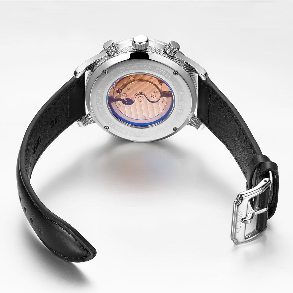 Montre RUIMAS pour homme – Style sport-chic de luxe, mouvement mécanique automatique, bracelet en cuir, aiguilles luminescentes, chronographe (modèle 6785)