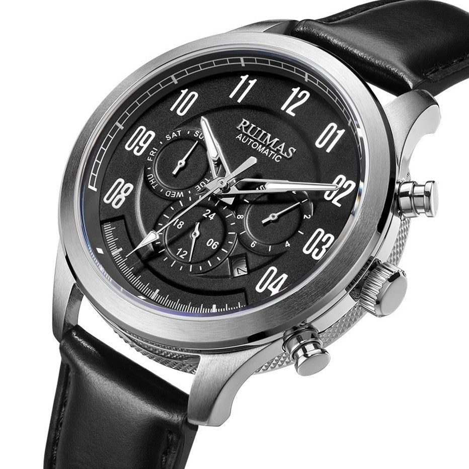 Montre RUIMAS pour homme – Style sport-chic de luxe, mouvement mécanique automatique, bracelet en cuir, aiguilles luminescentes, chronographe (modèle 6785)
