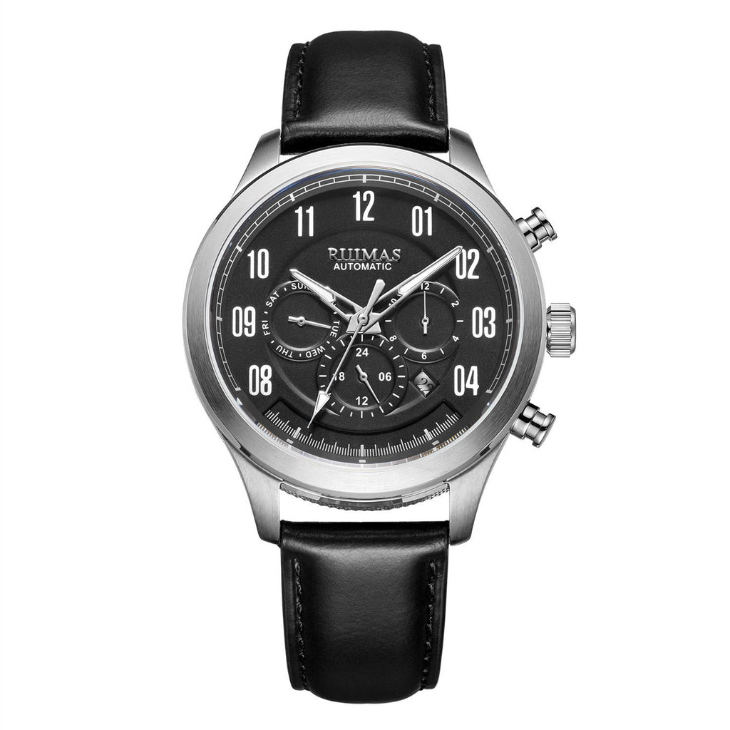 Montre RUIMAS pour homme – Style sport-chic de luxe, mouvement mécanique automatique, bracelet en cuir, aiguilles luminescentes, chronographe (modèle 6785)