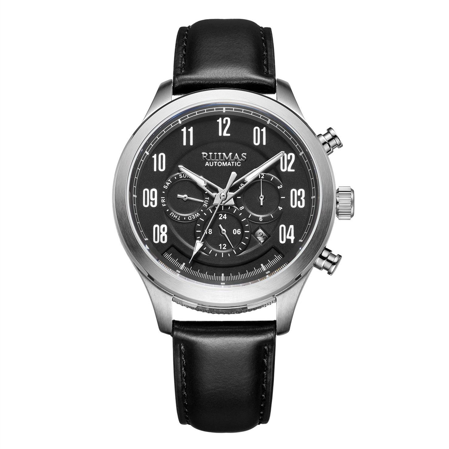 Montre RUIMAS pour homme – Style sport-chic de luxe, mouvement mécanique automatique, bracelet en cuir, aiguilles luminescentes, chronographe (modèle 6785)