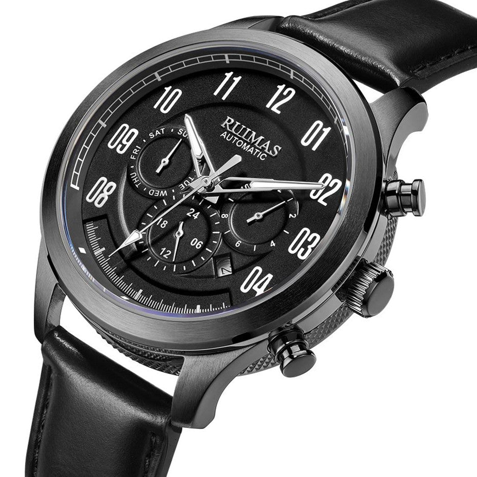 Montre RUIMAS pour homme – Style sport-chic de luxe, mouvement mécanique automatique, bracelet en cuir, aiguilles luminescentes, chronographe (modèle 6785)
