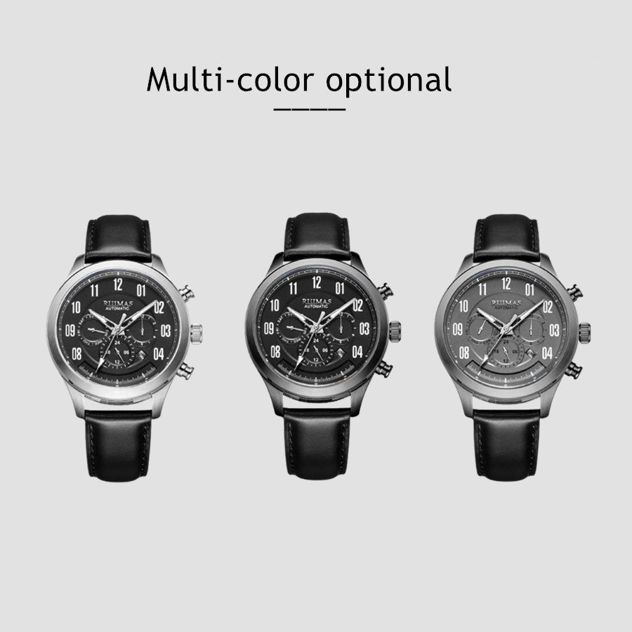 Montre RUIMAS pour homme – Style sport-chic de luxe, mouvement mécanique automatique, bracelet en cuir, aiguilles luminescentes, chronographe (modèle 6785)