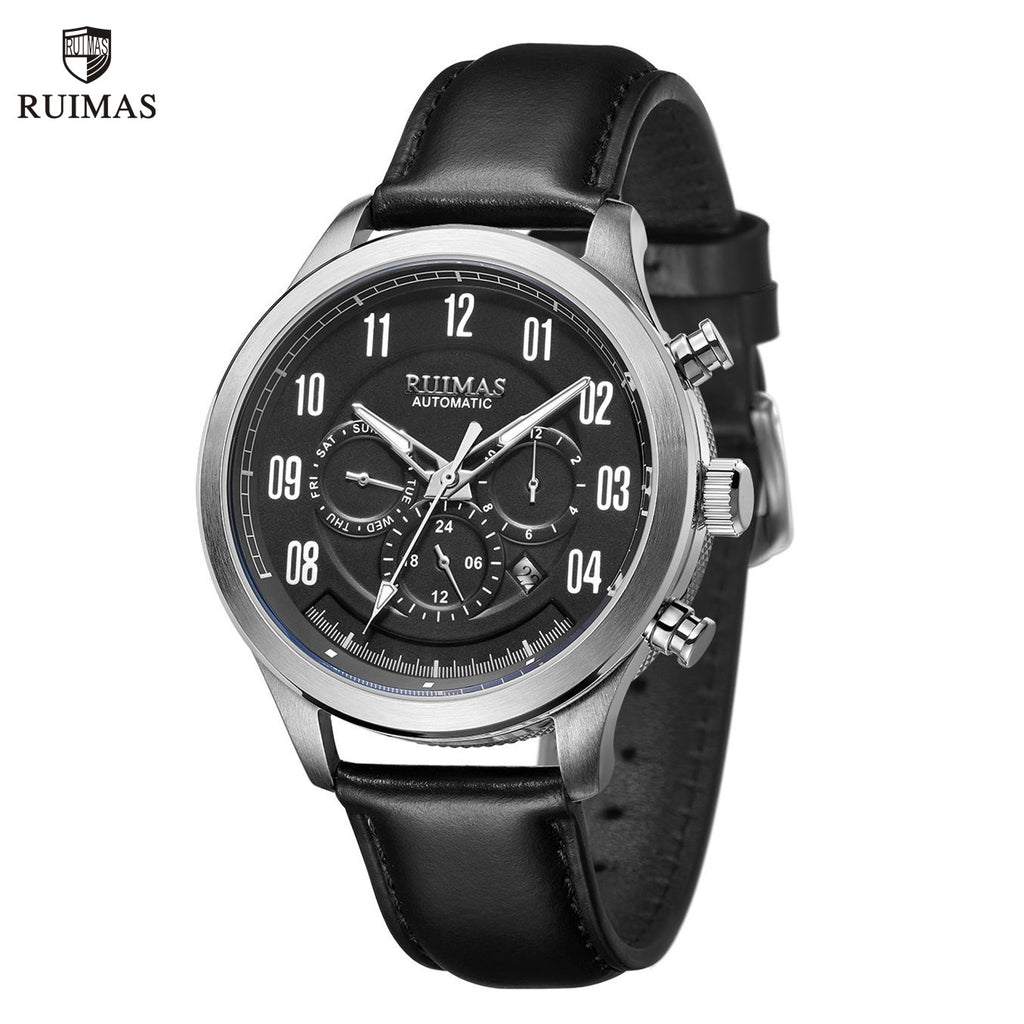 Montre RUIMAS pour homme – Style sport-chic de luxe, mouvement mécanique automatique, bracelet en cuir, aiguilles luminescentes, chronographe (modèle 6785)