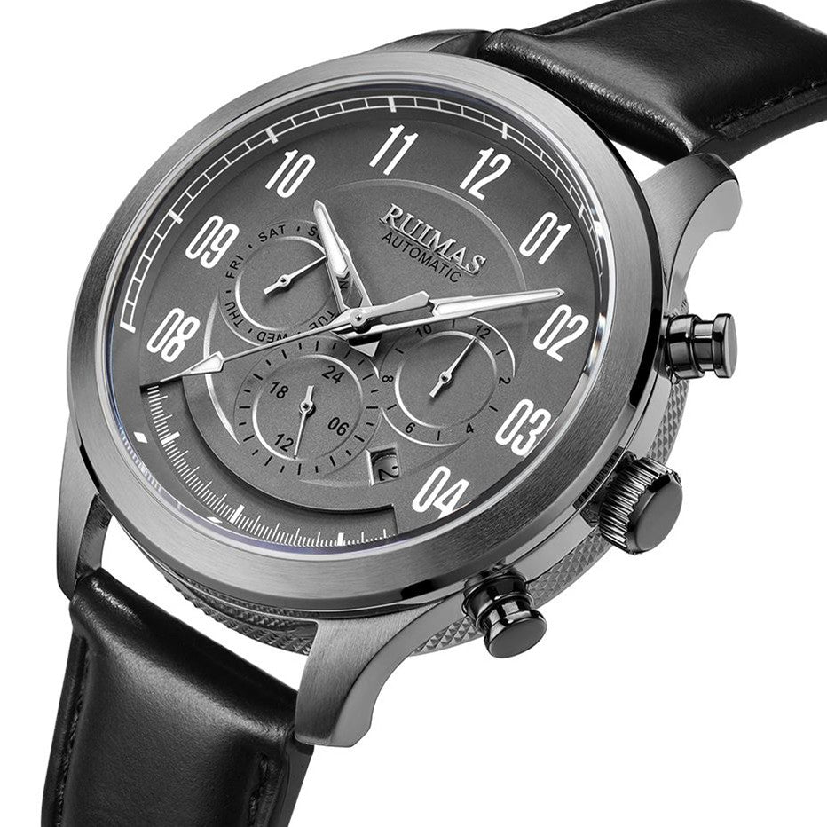 Montre RUIMAS pour homme – Style sport-chic de luxe, mouvement mécanique automatique, bracelet en cuir, aiguilles luminescentes, chronographe (modèle 6785)