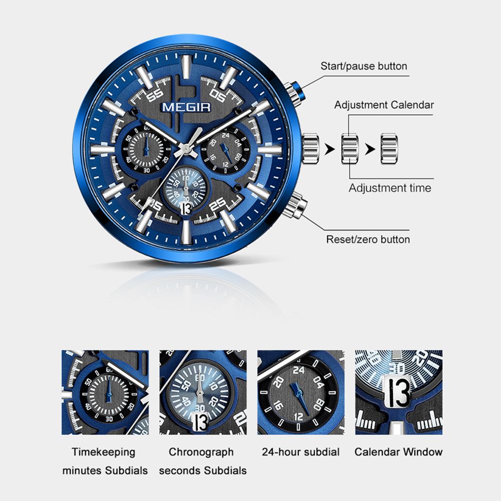 Montre pour homme MEGIR – Style affaires et décontracté, chronographe à quartz avec calendrier et boîtier en acier inoxydable (modèle 2220)
