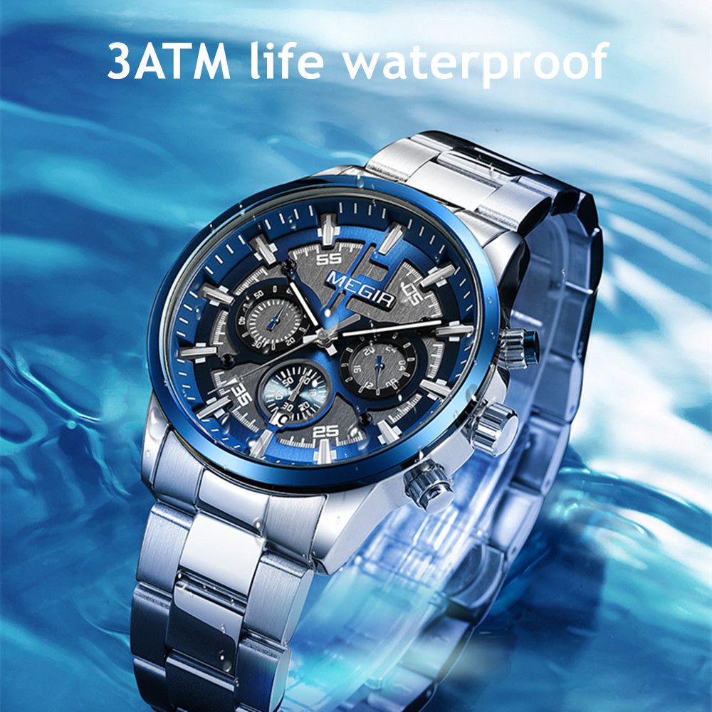 Montre pour homme MEGIR – Style affaires et décontracté, chronographe à quartz avec calendrier et boîtier en acier inoxydable (modèle 2220)