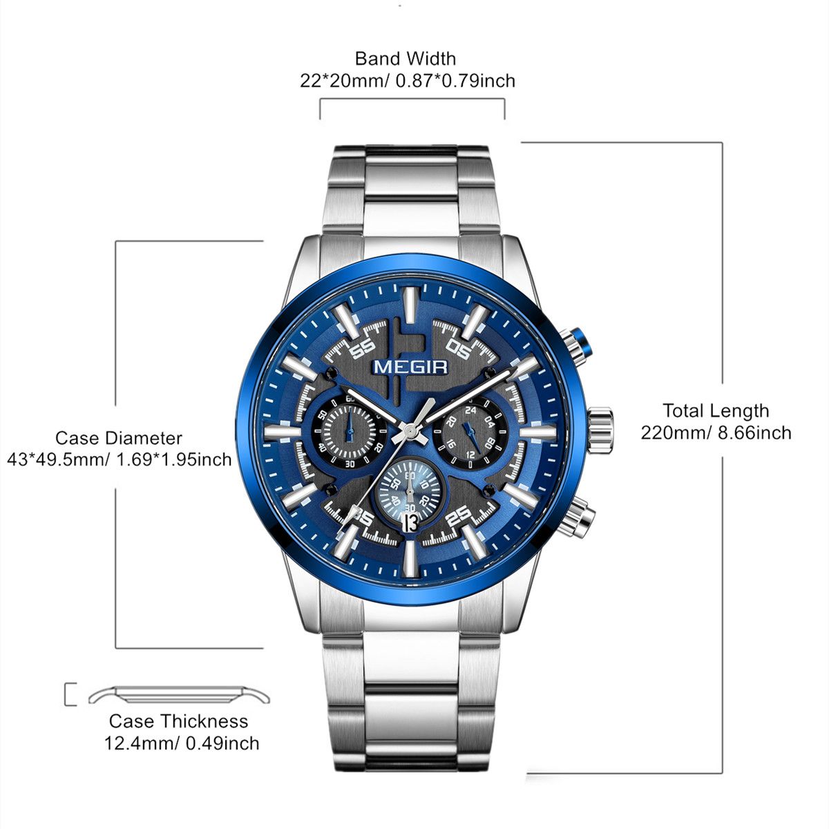 Montre pour homme MEGIR – Style affaires et décontracté, chronographe à quartz avec calendrier et boîtier en acier inoxydable (modèle 2220)