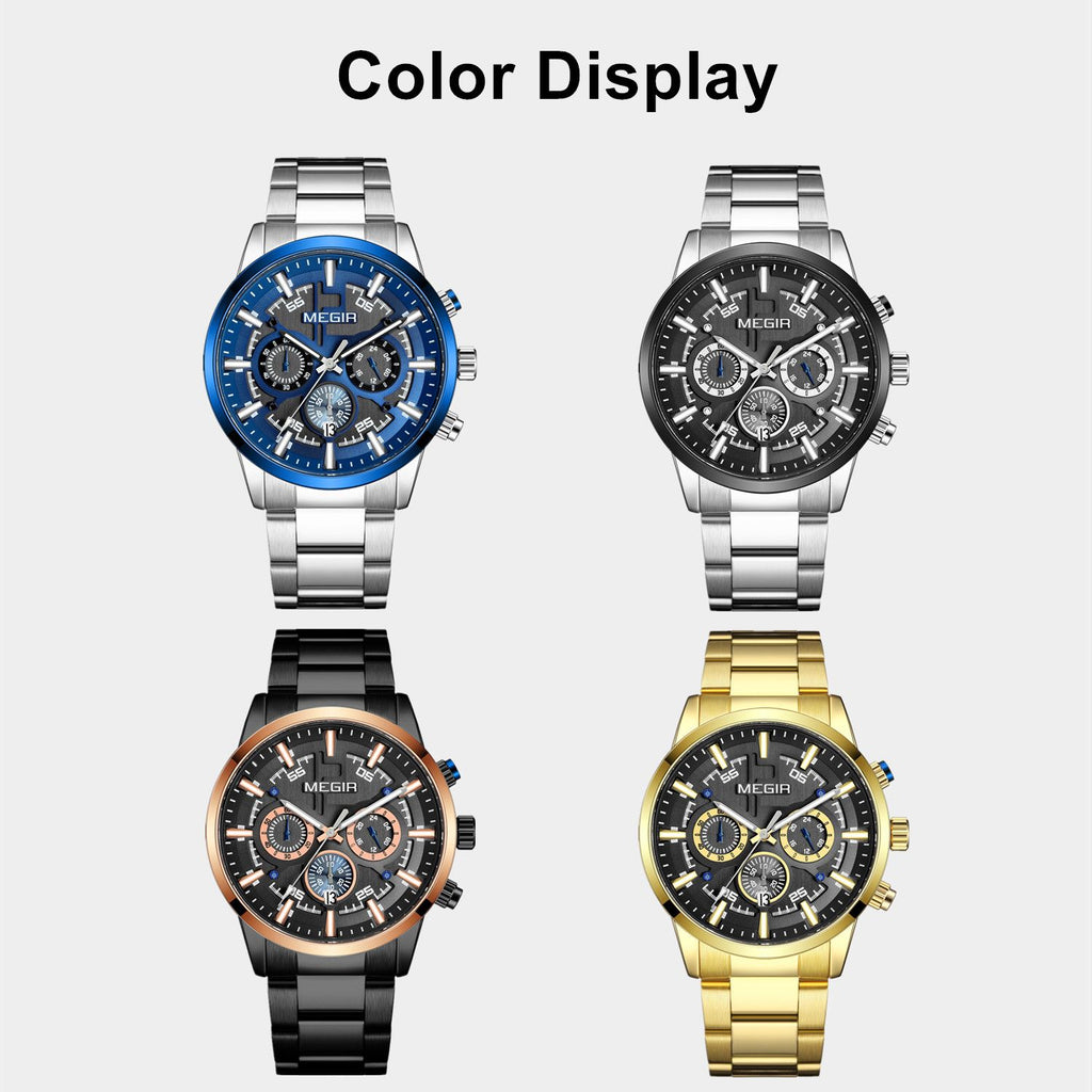 Montre pour homme MEGIR – Style affaires et décontracté, chronographe à quartz avec calendrier et boîtier en acier inoxydable (modèle 2220)