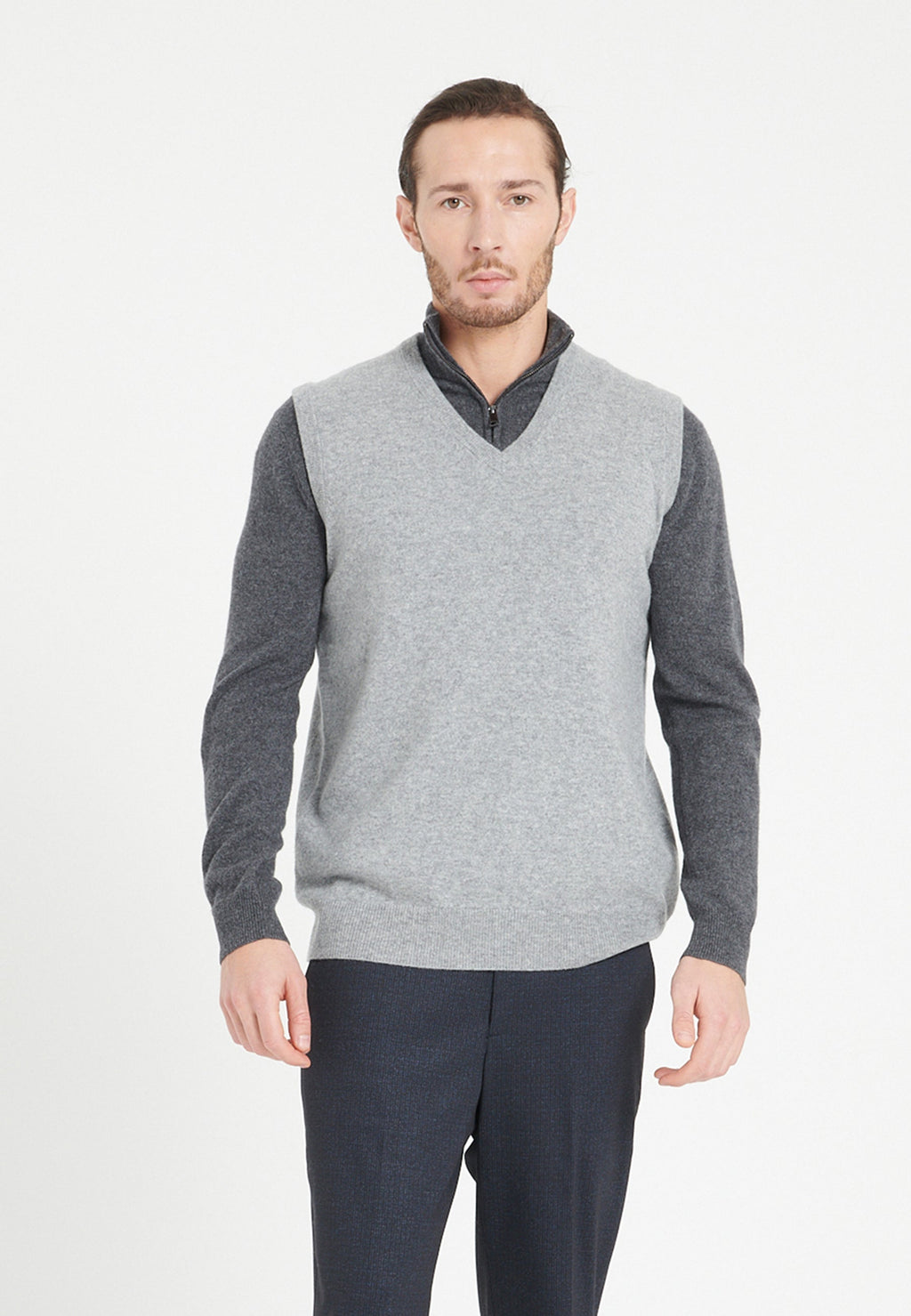 Pull col V sans manches homme en cachemire gris clair - LUKE 9