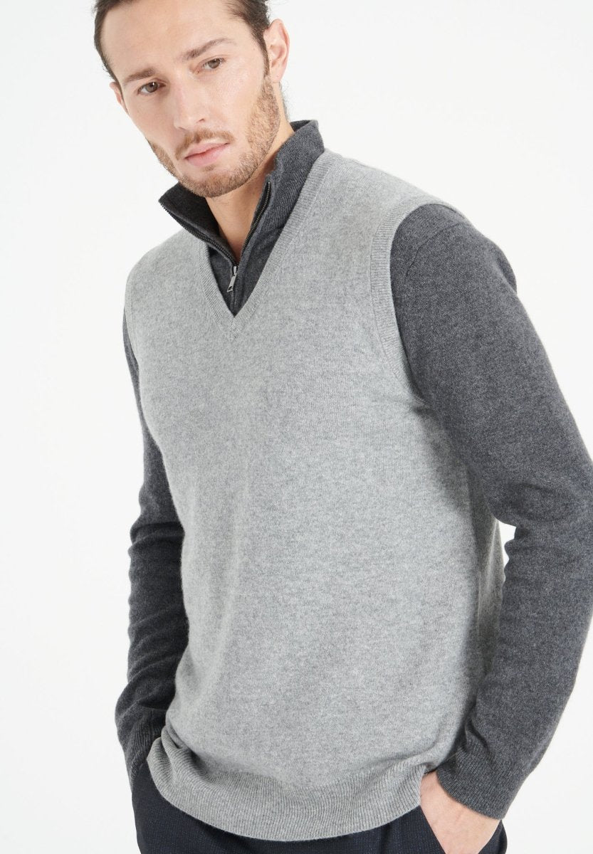 Pull col V sans manches homme en cachemire gris clair - LUKE 9